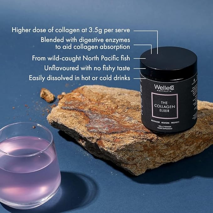 WelleCo The Collagen Elixir Collagen Powder, Marine Collagen Peptides with Vitamin C, Hyaluronic Acid, Digestive Enzymes & Silica, for Glowing Skin, Hair & Nails, Gluten Free, Unflavored, 4.23 oz