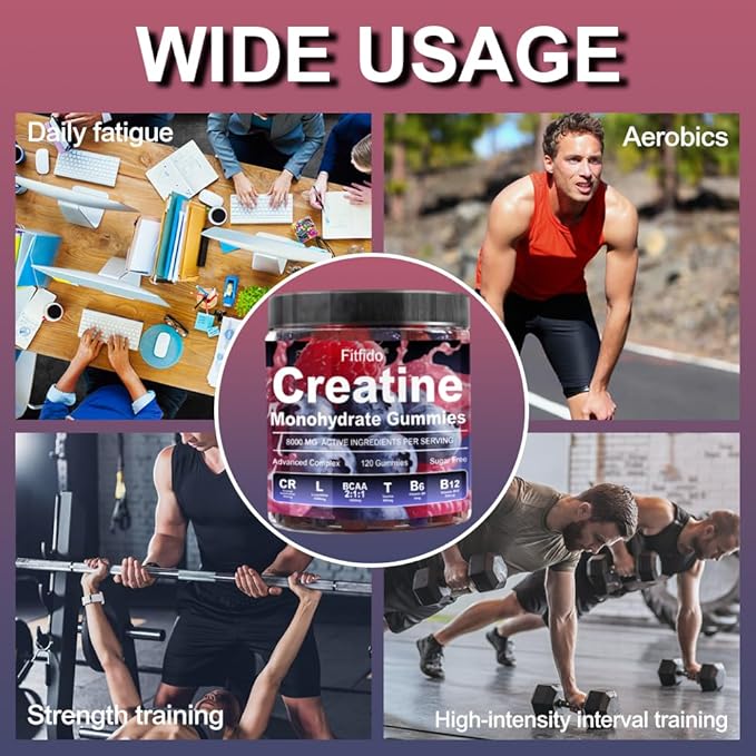 Creatine Monohydrate Gummies Complex 8000mg for Men and Women, Containing L-carnitine & Taurine, Build Muscle, Boost Energy, Faster Recovery, Pre-Workout Supplement, Raspberry & Blackberry, 120 Count