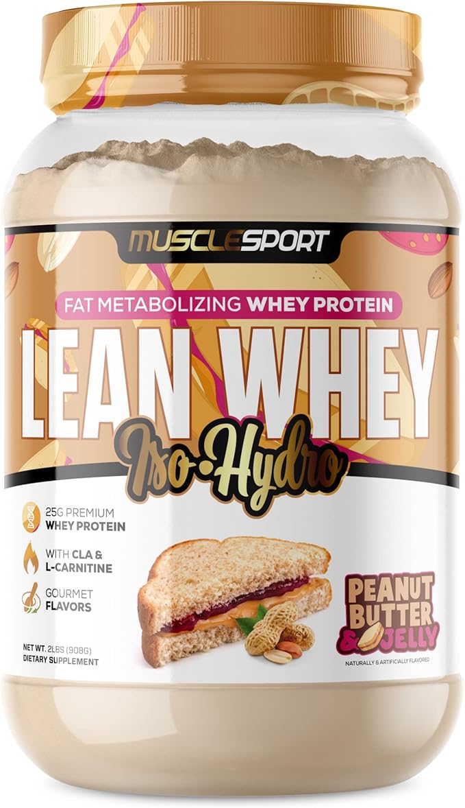 Musclesport Lean Whey Revolution™, Whey Protein Isolate with Hydrolyzed Whey - Low Calorie, Low Carb, Low Fat, Incredible Flavors - 25g Protein per Scoop (2LB, Peanut Butter & Jelly)
