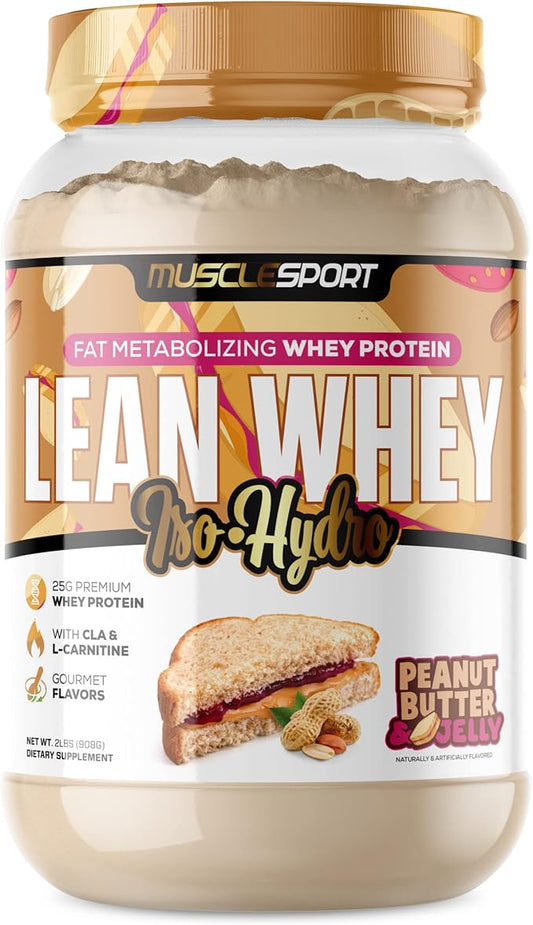 Musclesport Lean Whey Revolution™, Whey Protein Isolate with Hydrolyzed Whey - Low Calorie, Low Carb, Low Fat, Incredible Flavors - 25g Protein per Scoop (2LB, Peanut Butter & Jelly)