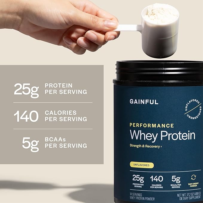Gainful Performance Whey Protein Powder, 25g Protein per Serving, Unflavored, Supports Muscle Growth, Recovery, and Endurance, with Tart Cherry Powder, No Artificial Ingredients, 14 Servings