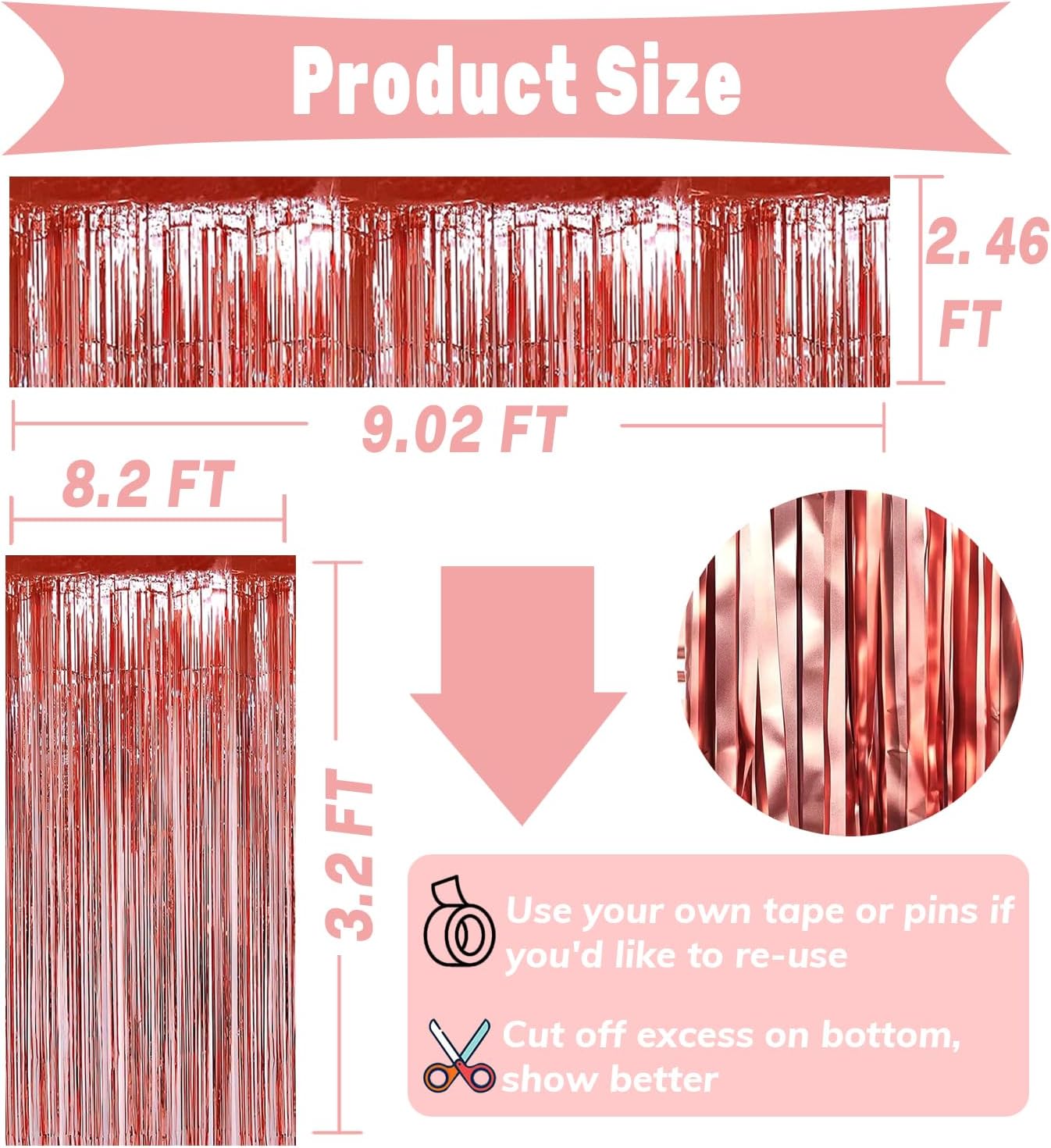 4P Metallic Foil Fringe Tinsel Table Skirts for Rectangle Tables Backdrop Banner Streamer Garland Curtains for Parade Floats Wedding Graduation Anniversary Birthday Parties Decoration (Rose Gold)