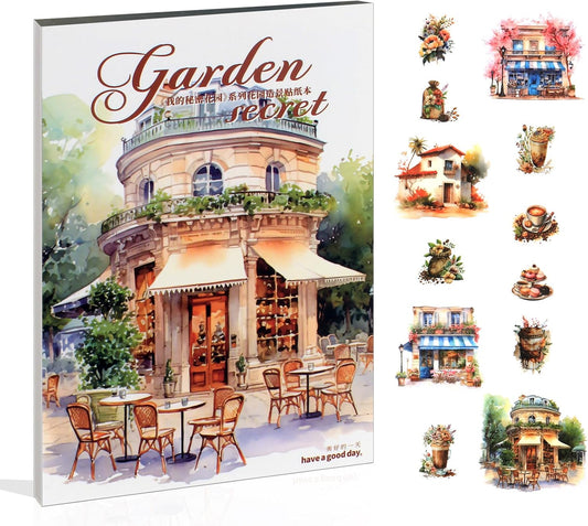 PET Street Houses Landscape Sticker Book for Journaling, 20 Sheets Precut Coffee Scrapbook Stickers for Scrapbooking, Junk Journal Supplies, Collage, DIY Crafts Arts