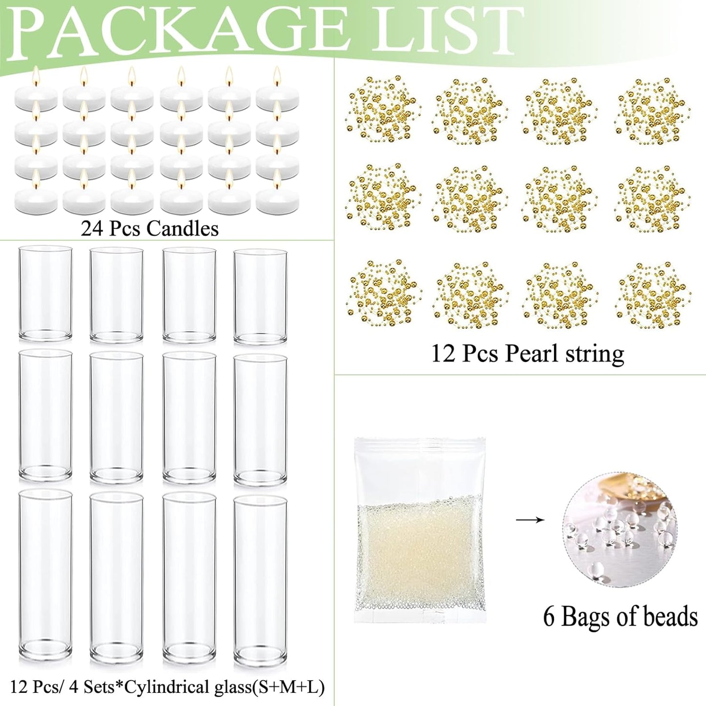 Set of 12 Glass Cylinder Vases for Centerpieces with 8 Pack Vase filler 12 Pearl String 24 White Floating Candles for Centerpieces, Table Center pieces for Wedding Party Home Decor 5, 6, 8 Inch