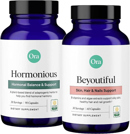 Ora Organic BeYouTiful & Hormone Balance Bundle: Natural Beauty & Wellness Essentials for Women, 60 Vegan Capsules with B Vitamins + 90 Capsules Formulated with Ashwagandha and More.