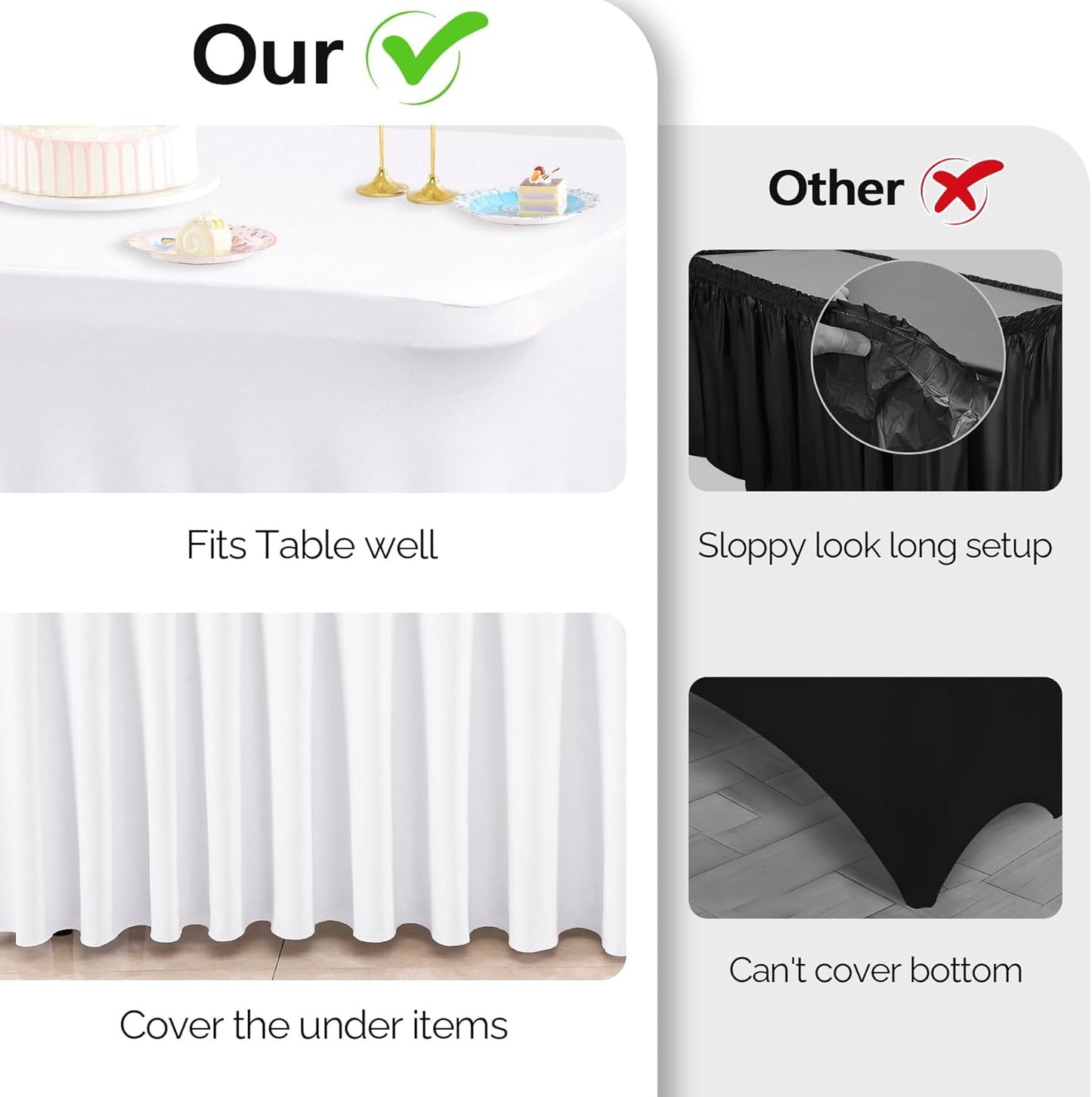 Wish Care 6 Pack White Spandex Table Clothes for 8 Foot Rectangle Tables, 8FT Wrinkle Free Fitted Tablecloths Ruffles Design Table Cover for Party, Banquet, Wedding and Events