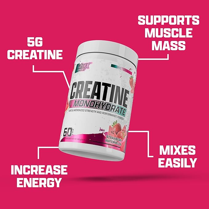 Nutrex Research Flavored Creatine Powder, Strawberry Watermelon | 5g Creatine, Mixes Easily | Supports Energy, Muscle Growth, Energy and Performance | 60 Servings