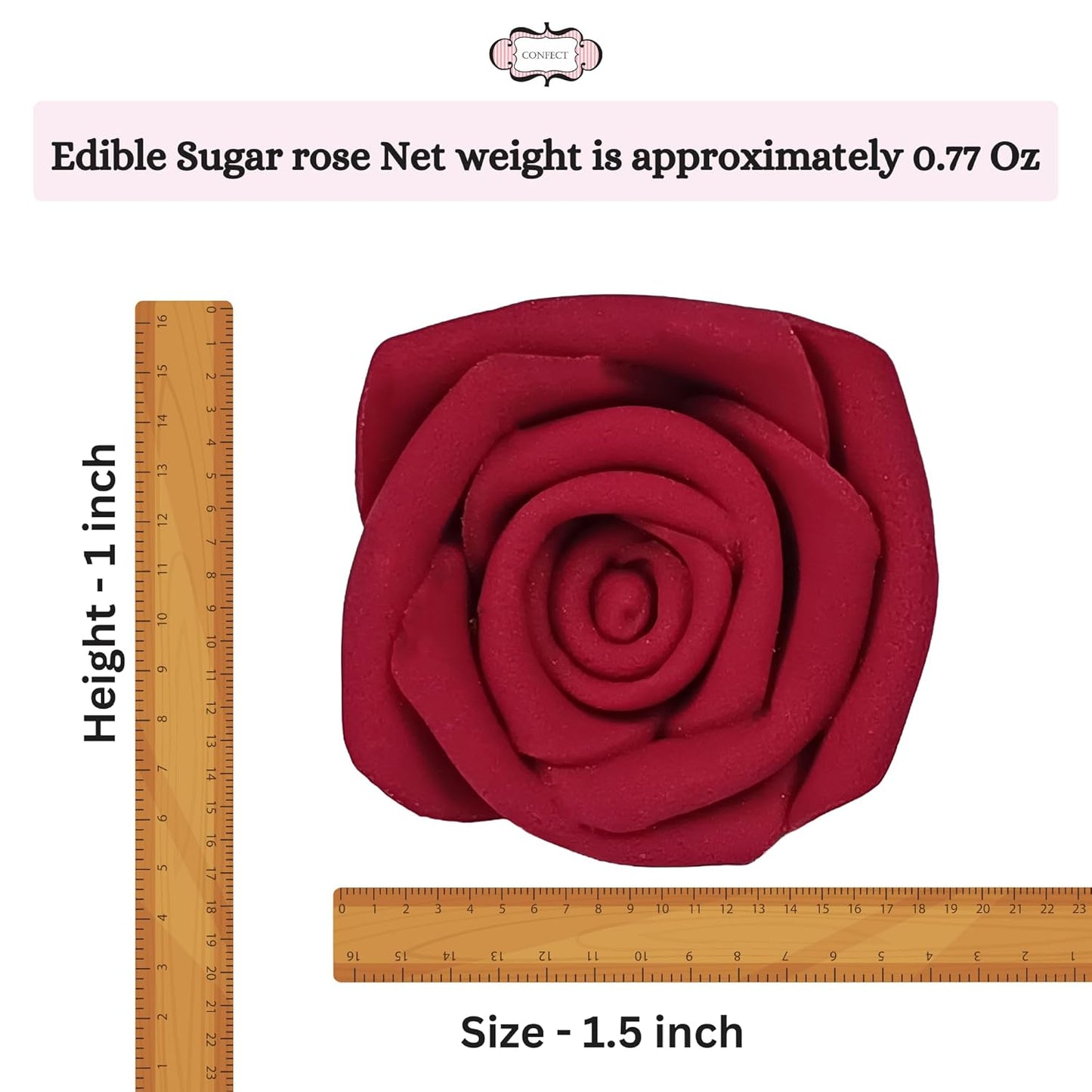 Confect Edible Deep Burgundy Rose Toppers – Edible Roses for Cake & Cupcake Decorations, Perfect for Weddings & Special Occasions- Vegan, Gluten-Free, Dairy-Free, Palm Oil-Free - Pack of 12