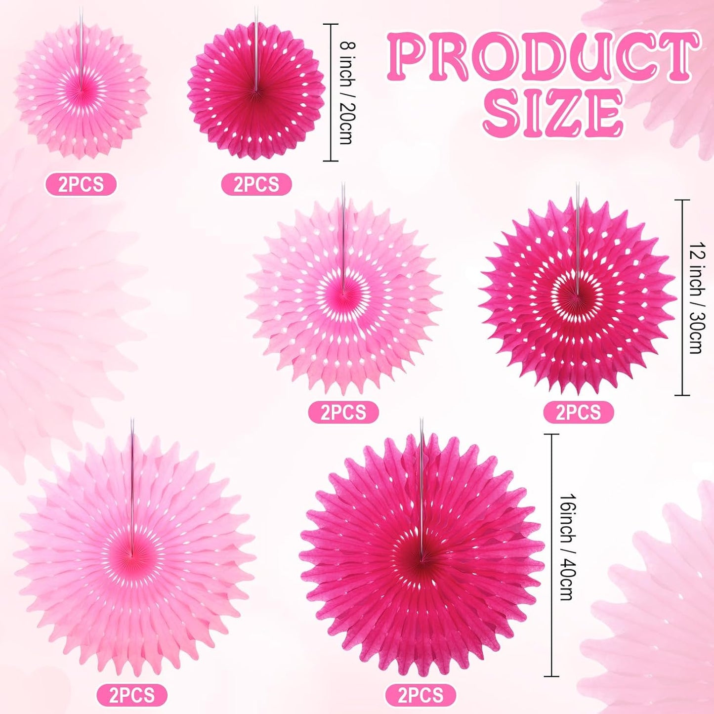 Outus 12 Pcs Hanging Honeycomb Paper Fans Sets, Fiesta Hot Pink Party Decorations, Tissue Paper Flowers Supplies for Birthday Wall Classroom Wedding Photo Backdrop (8/12/16 Inch)