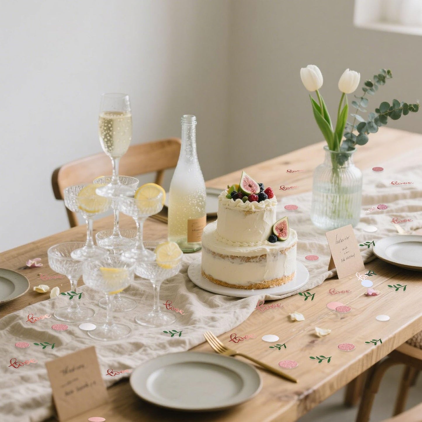 200 Pcs Rose Gold Glitter Wedding Table Confetti, Greenery Eucalyptus, Bridal Shower Decorations, Pink Love Confetti, Engagement Party Scatters