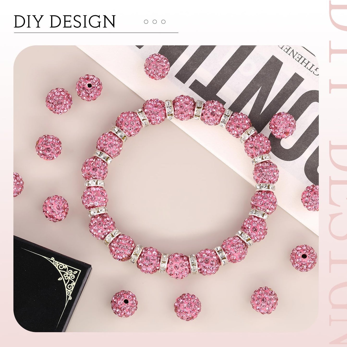 200pcs 10mm Dark Pink Rhinestone Beads for Jewelry Making, Shiny Round Shamballa Disco Ball Beads Bulk, Sparkle Crystal Clay Christmas for Bracelet Baseball Necklace Earring Crafting and DIY