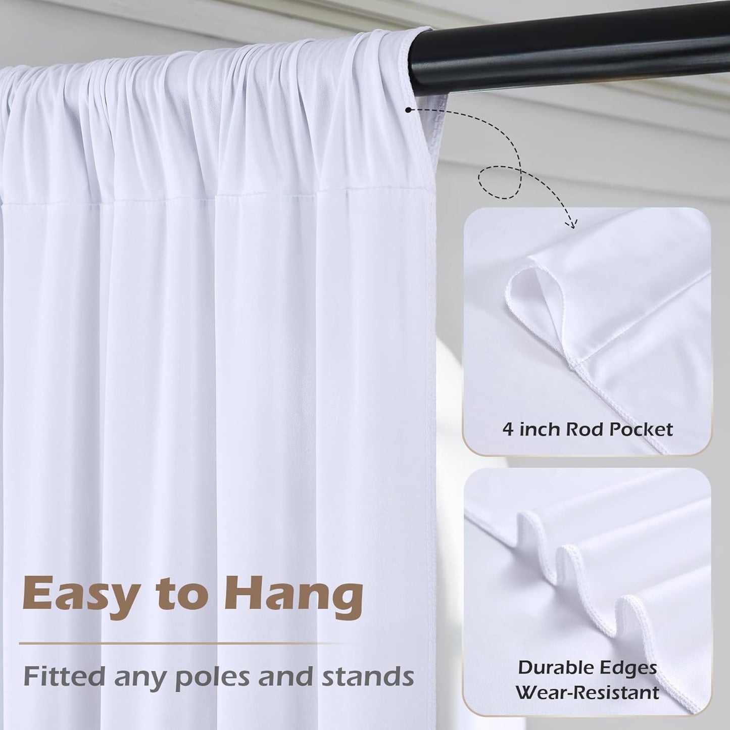 50ft x 15ft White Wrinkle Free Backdrop Curtains for Parties,Silky Polyester Fabric Wedding Ceiling Drapes, 10 Panels 15ft Photo Back Drop Drapes for Baby Shower Photography Stage Background Cloth