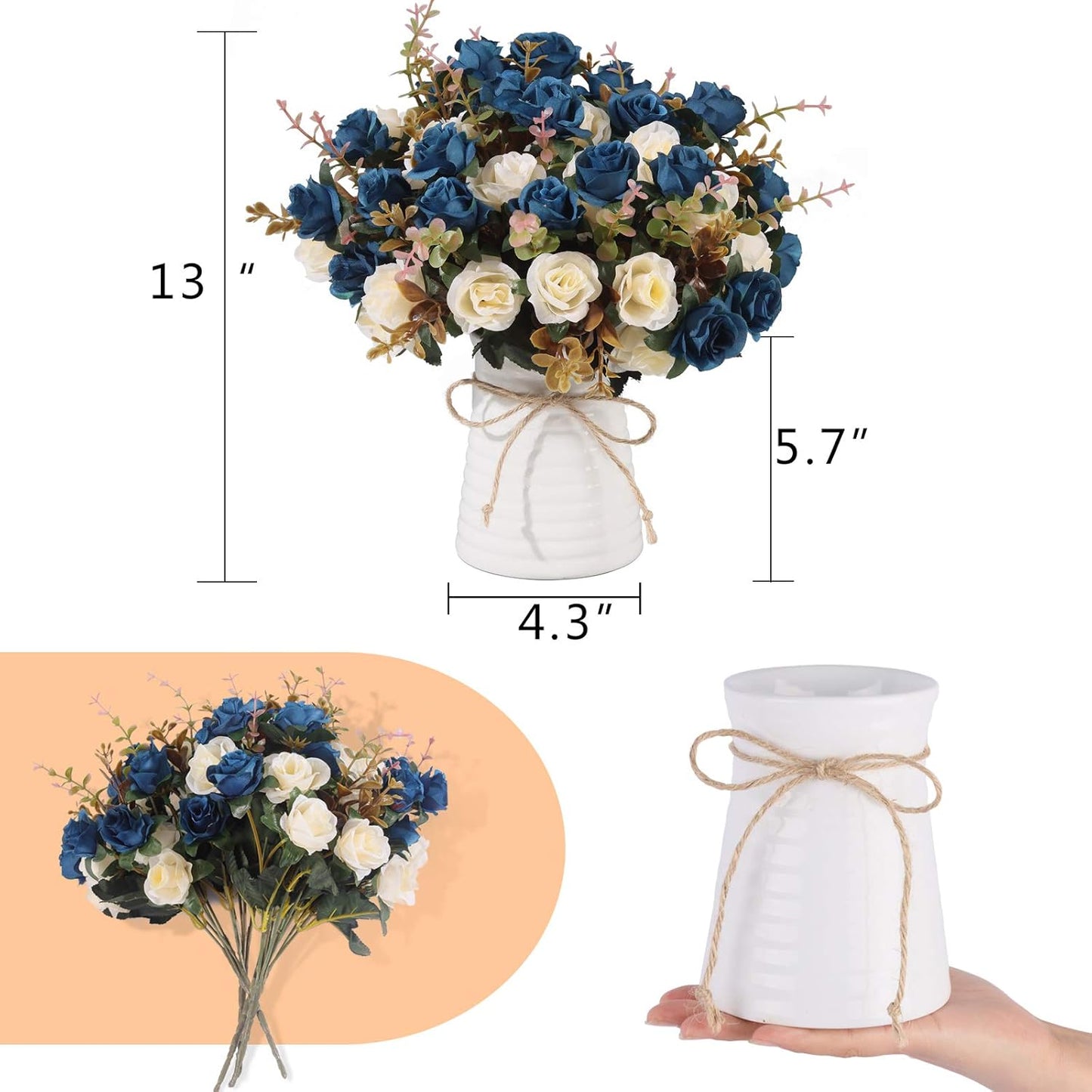 Lifelike Artificial Rose Bouquets and Ceramic vases, Fake Silk Roses, Suitable for Wedding, Dining Table, Office, Party and Home Decoration（Blue）