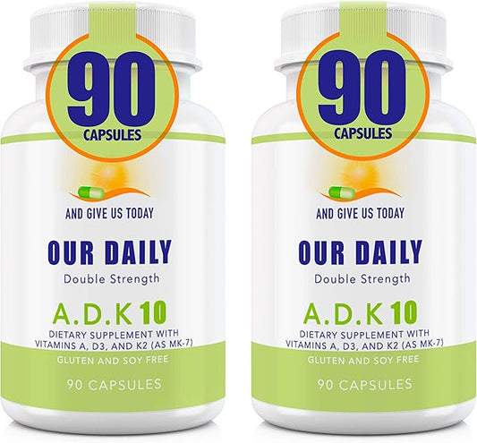 Our Daily Vites ADK 10 Double Strength (10,000 iu) Vitamins A1, D3 & K2 (as MK7) - Physician Formulated Bone & Immune System Support - Gluten Free, Non GMO - 180 Vegetarian Capsules