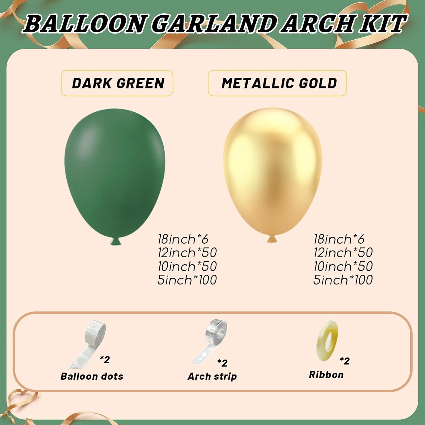 412Pcs Green and Gold Balloon Arch Kit, 18 12 10 5 Inch Different Size Latex Balloons Dark Green and Gold Party Balloons for Birthday Graduation Jungle Party Decorations