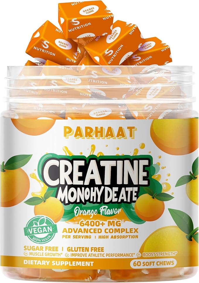 Creatine Monohydrate Chews Complex 6400mg for Men & Women -Advanced Formula W/L-Taurine + Vitamin B12, Sugar Free Chewable Supplement,60 Orange Softchews
