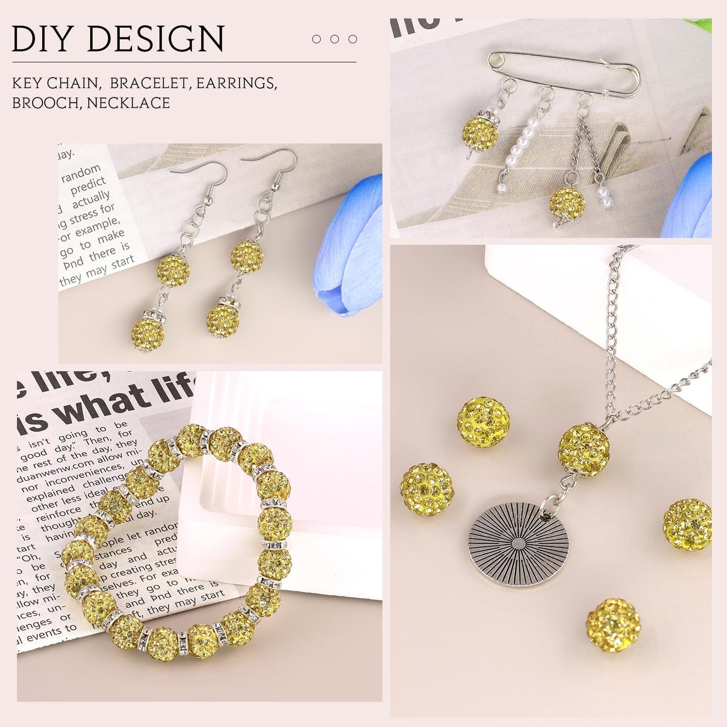 100pcs 10mm Rhinestone Beads for Jewelry Making, Light Yellow Shiny Round Shamballa Disco Beads Bulk, Sparkle Crystal Clay Christmas for Bracelet Baseball Necklace Earring Crafting and DIY