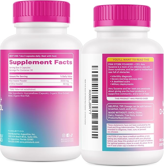 Pink Stork Myo-Inositol & D-Chiro Inositol Supplement - Hormonal Balance for Women - Ovarian Support - 40:1 Ratio - Fertility Supplements for Women - 180 Capsules, 2 Month Supply