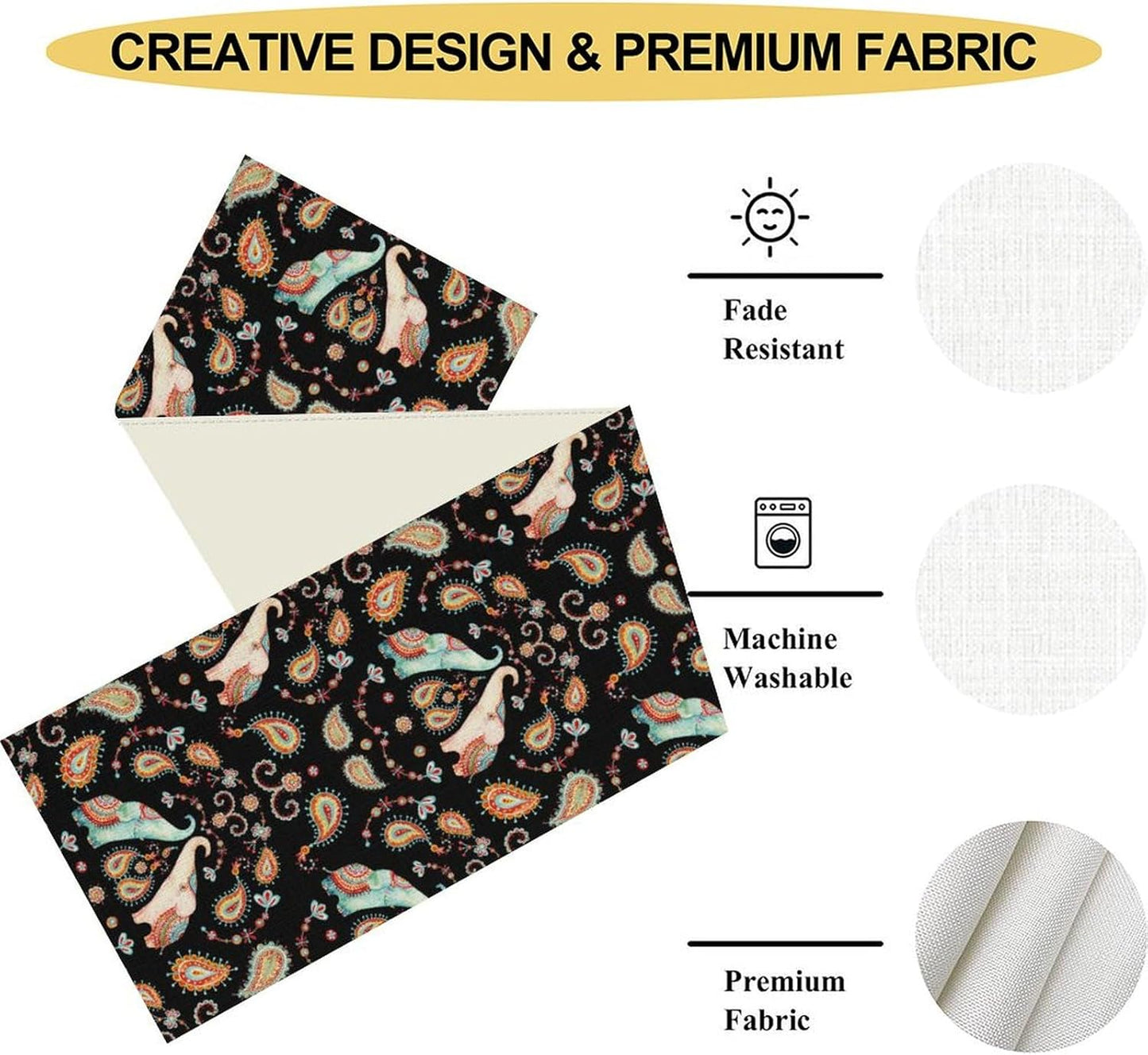 Boho Table Runner, Indian Bohemian Elephant Mandala Paisley Floral Hippie Art Print Table Center Decor for Home Kitchen Dining Patio Holiday Party Indoor Outdoor Table Decorations, 13"x72" Inch