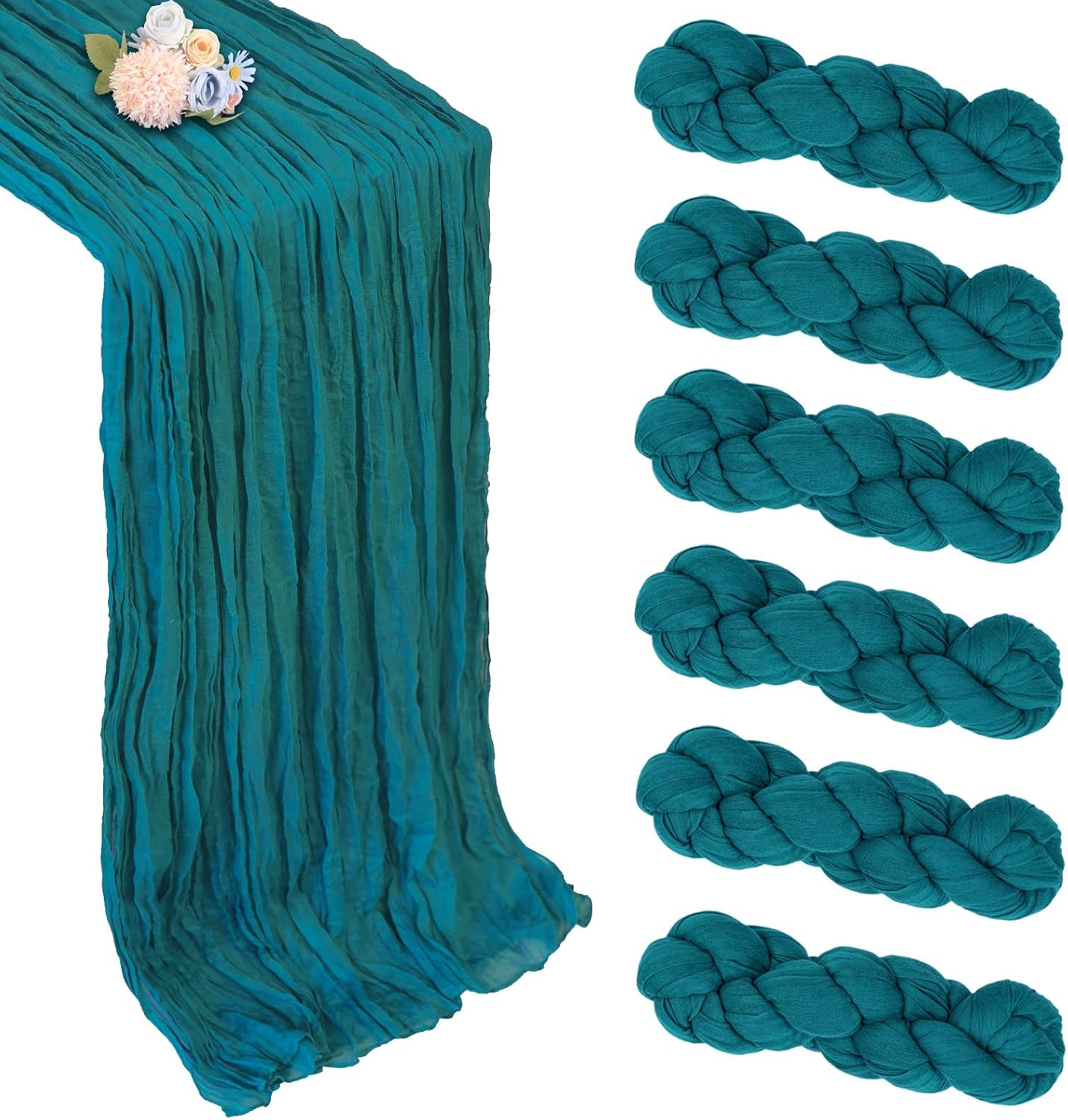 6 Pack Teal Cheesecloth Table Runner 10ft Boho Gauze Fabric Cheese Cloth Table Runner 35 x 120 Inch Rustic Sheer Runner for Romantic Wedding Decor Baby Shower Party Table Centerpiece Decoration