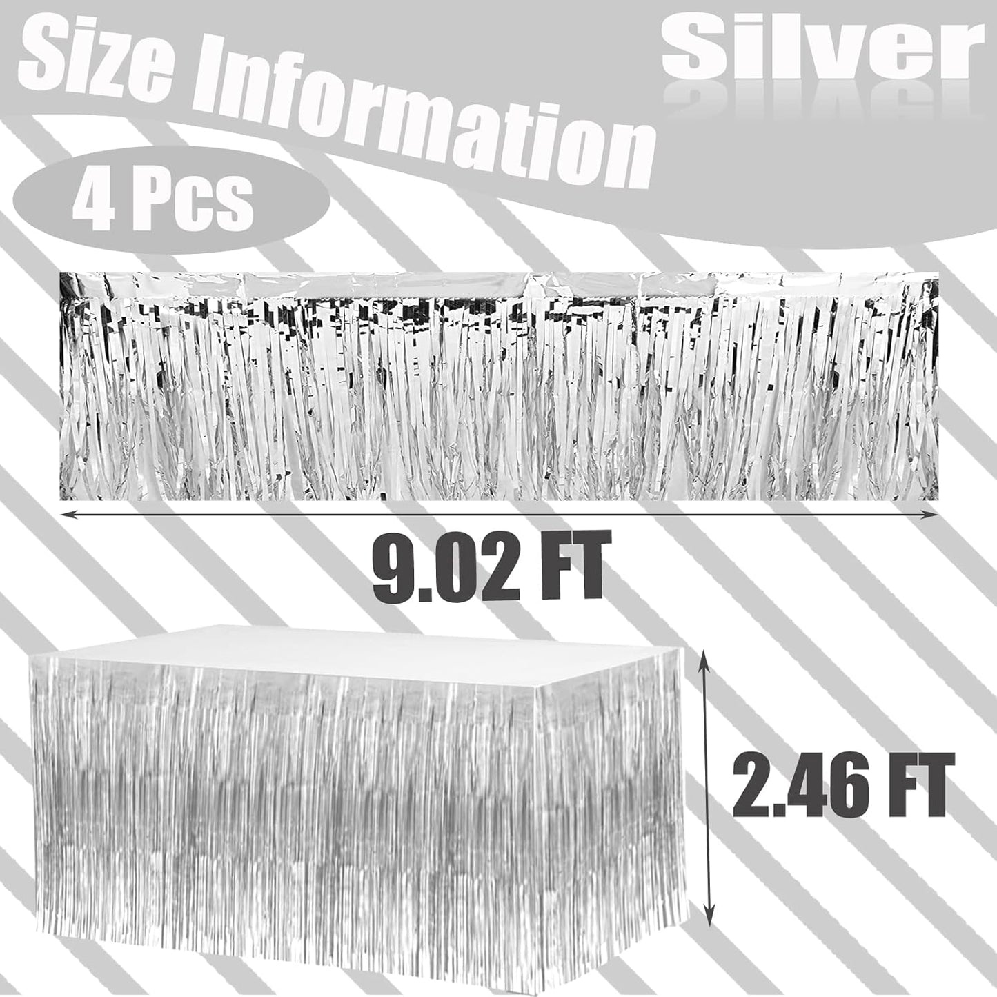 4 Pack 29x108 Inch Metallic Foil Fringe Tinsel Table Skirts for Rectangle Tables Streamer Curtains Backdrop for Wedding, Birthday, Parade Floats, Christmas, Halloween Party Decoration(Silver)