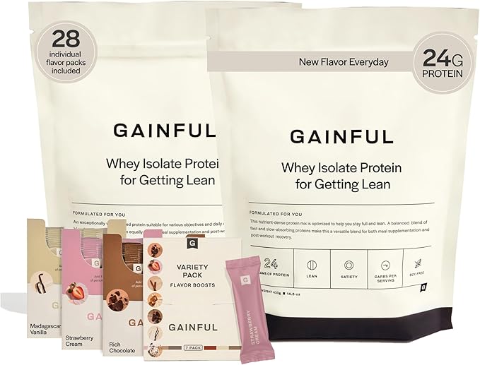 Gainful Whey Protein Powder Get Lean Bundle, Meal Replacement, Post Workout Support, Whey Isolate + Concentrate, Unflavored w/Chocolate, Vanilla, Strawberry & Variety Pack Flavor Boosts, 28 Servings