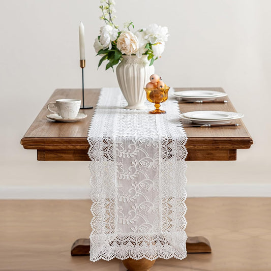 White Elegant Vintage Lace Table Runners,Wedding Lace Decor with Floral Embroidery,Tea Party Decor (White, 13.8X94.5 Inches)