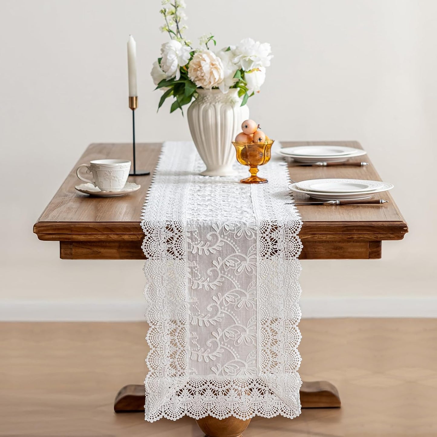 White Elegant Vintage Lace Table Runner,Wedding Lace Decor with Floral Embroidery,Tea Party Decor (White, 13.8X47 Inches)