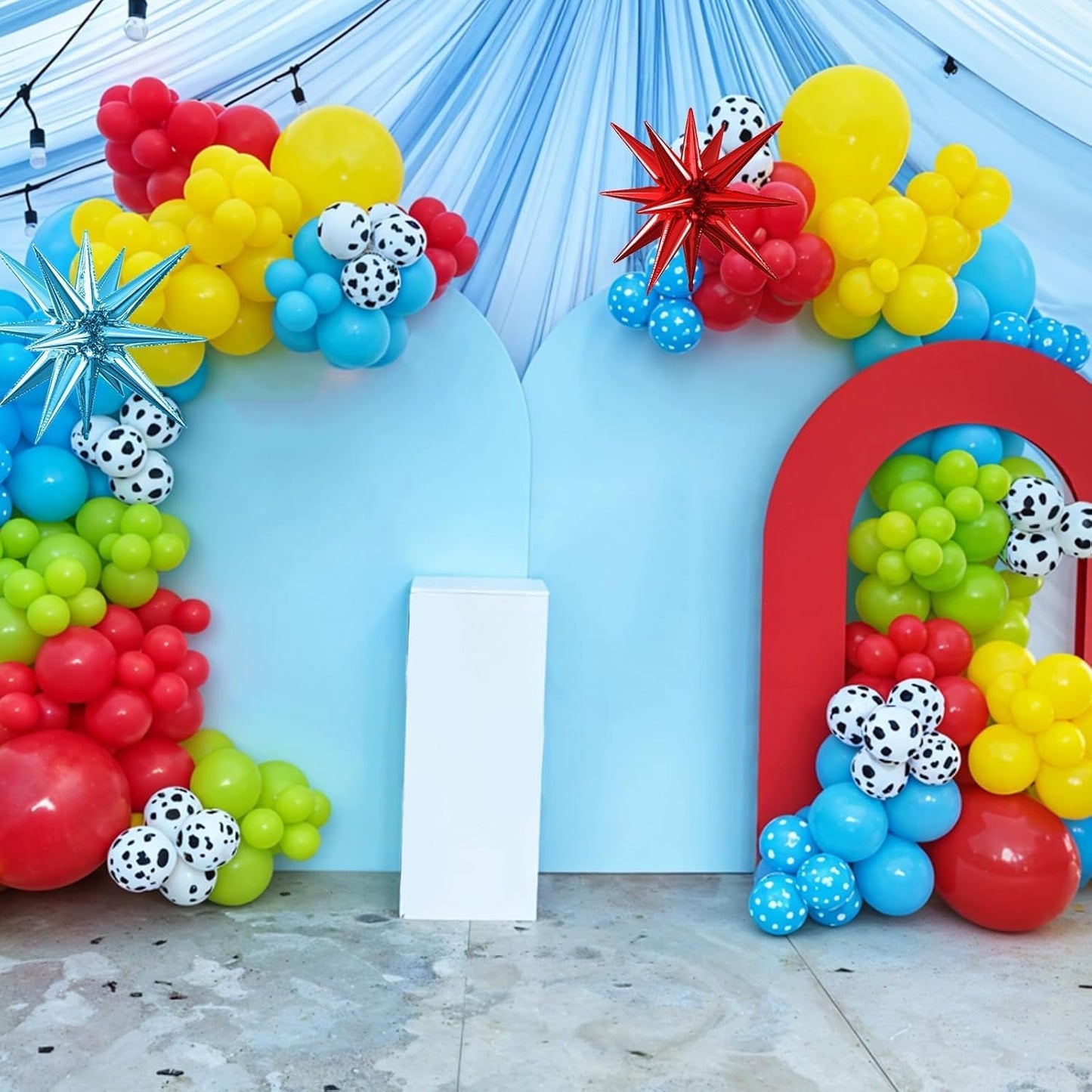 Red Blue Yellow Balloons, 12 Inch Cow Pattern Cloud Light Blue Yellow Red Fruit Green Balloons with Star Foil Balloon for Boys Girls Baby Shower Party Birthday Decorations