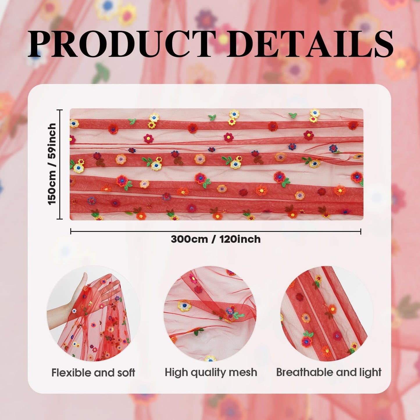 Artoid Mode Red Embroidery Daisy Gauze Table Runner 120 Inch 10FT, Seasonal Sheer Kitchen Dining Holiday Wedding Birthday Table Decor for Home Party