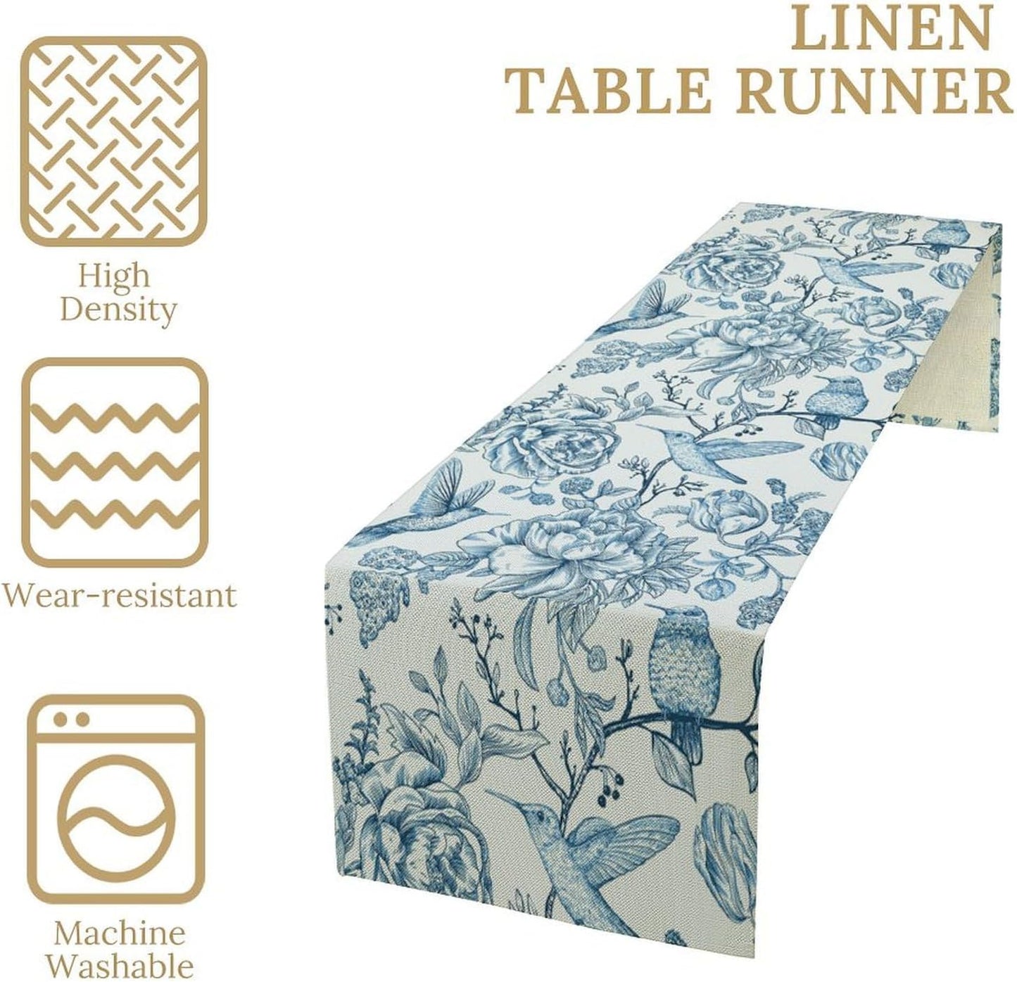 Blue White Table Runner Retro Monochrome Sketch Birds Flower Vintage Floral Kitchen Dining Table Decoration for Home Party Holiday 13"x90"