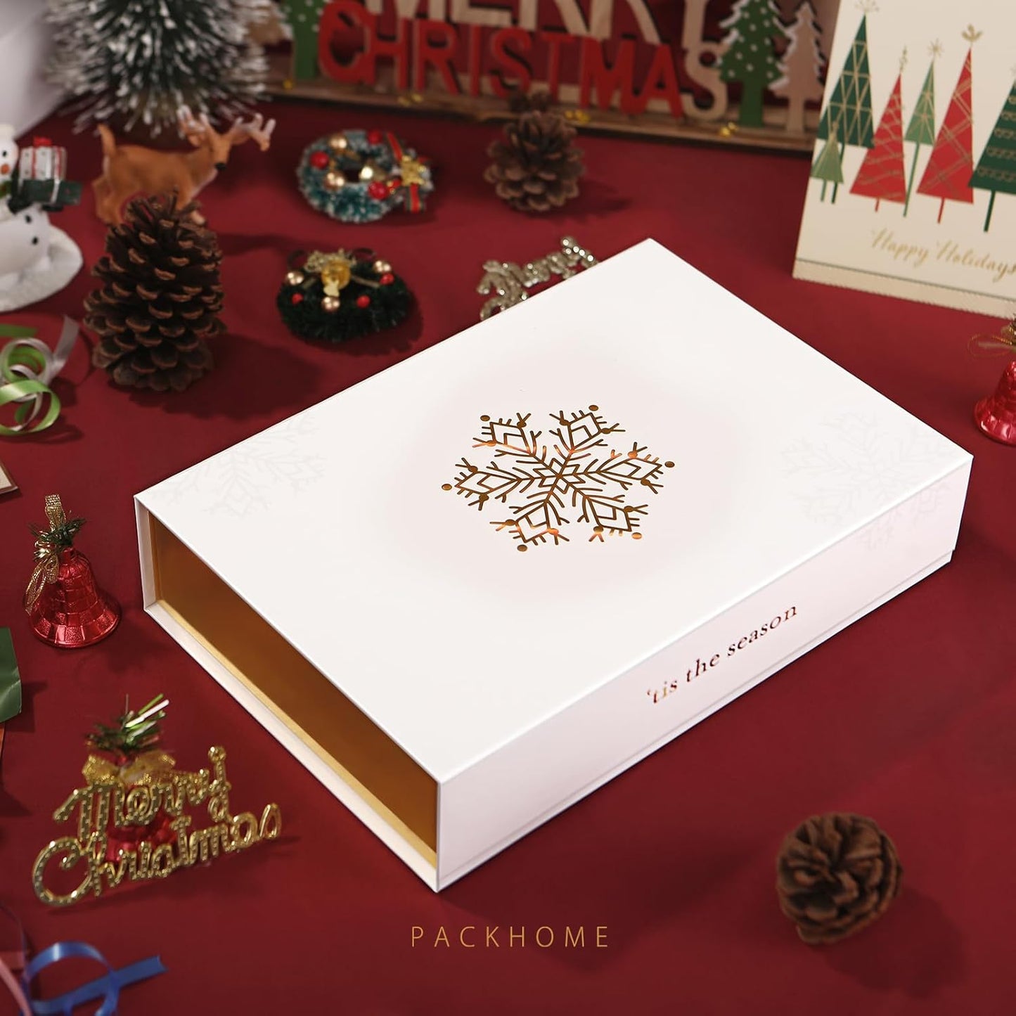 PACKHOME 6 Christmas Gift Boxes 13x9.7x3.4 Inches, Large Gift Boxes with Lids, Sturdy Shirt Boxes with Magnetic Lids for Wrapping Gifts (Gold Snowflake Pattern)