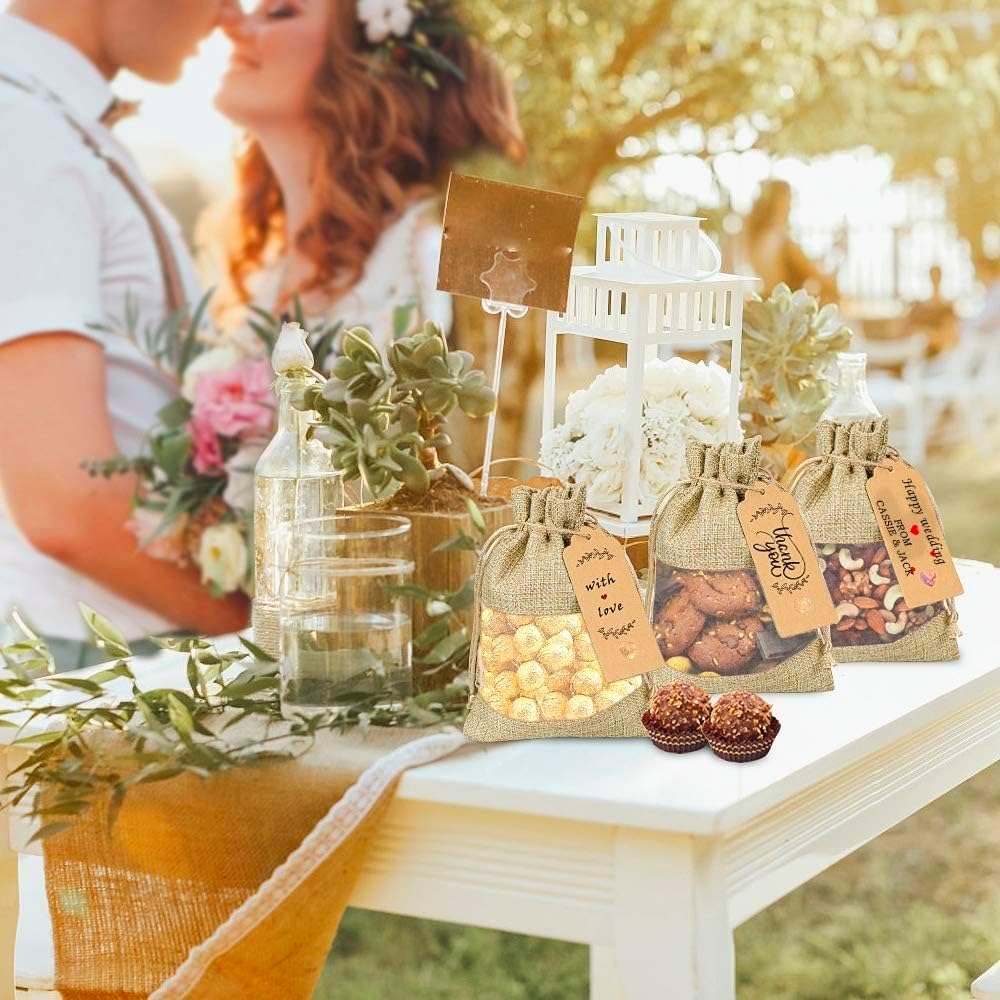 GIOIPC 50Pcs 6 x 9 Inch Linen Burlap Sheer Bags with Drawstring and Bonus Gift Tags for Wedding Birthday Bag,Craft Bags,Cosmetic Samples