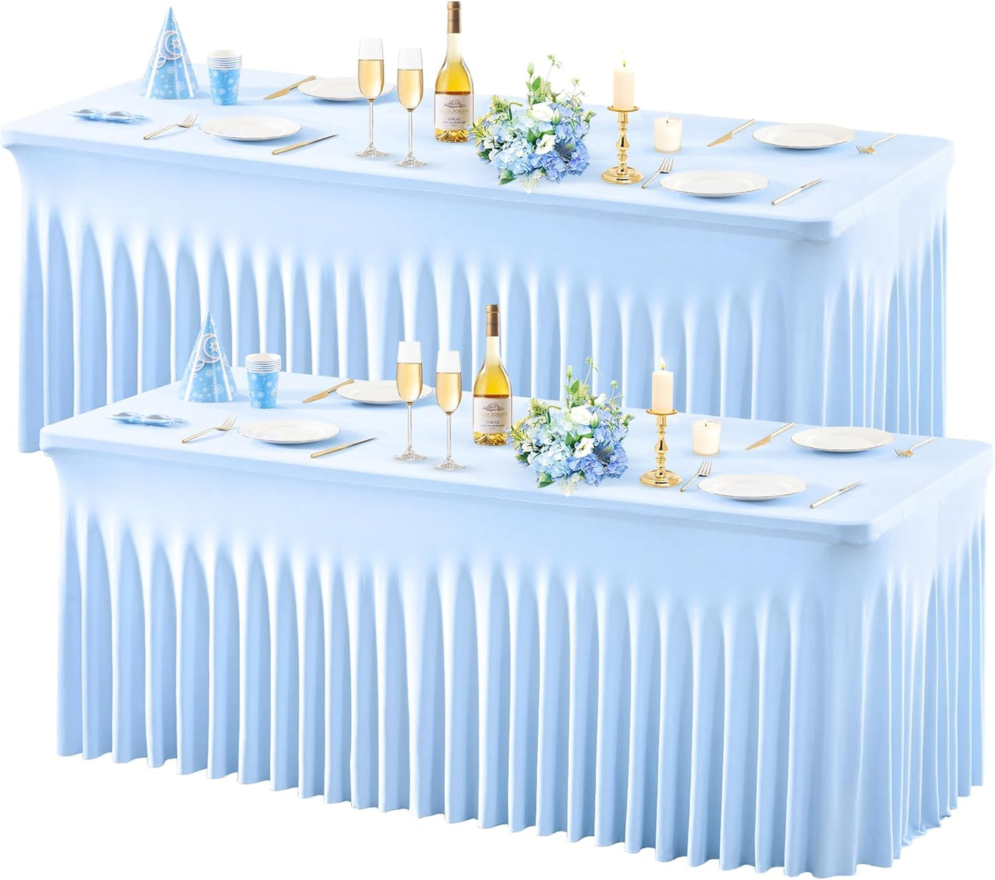 Wish Care 2 Pack Baby Blue Spandex Table Clothes for 6 Foot Rectangle Tables, 6FT Wrinkle Free Fitted Tablecloths Ruffles Design Table Cover for Party, Banquet, Wedding and Events
