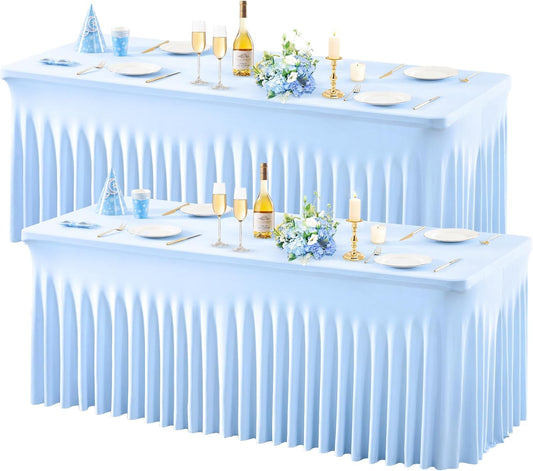 Wish Care 2 Pack Baby Blue Spandex Table Clothes for 6 Foot Rectangle Tables, 6FT Wrinkle Free Fitted Tablecloths Ruffles Design Table Cover for Party, Banquet, Wedding and Events