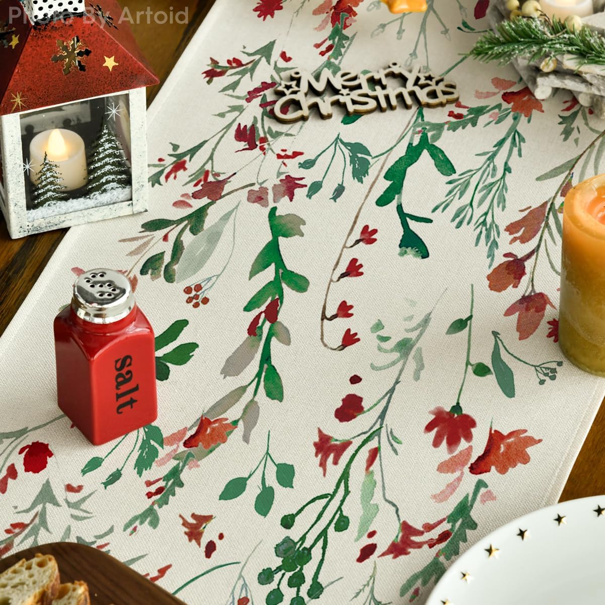 Artoid Mode Floral Leaves Christmas Table Runner, Wild Flowers and Grasses Winter Kitchen Dining Table Decoration for Home Party Decor 13x108 Inch