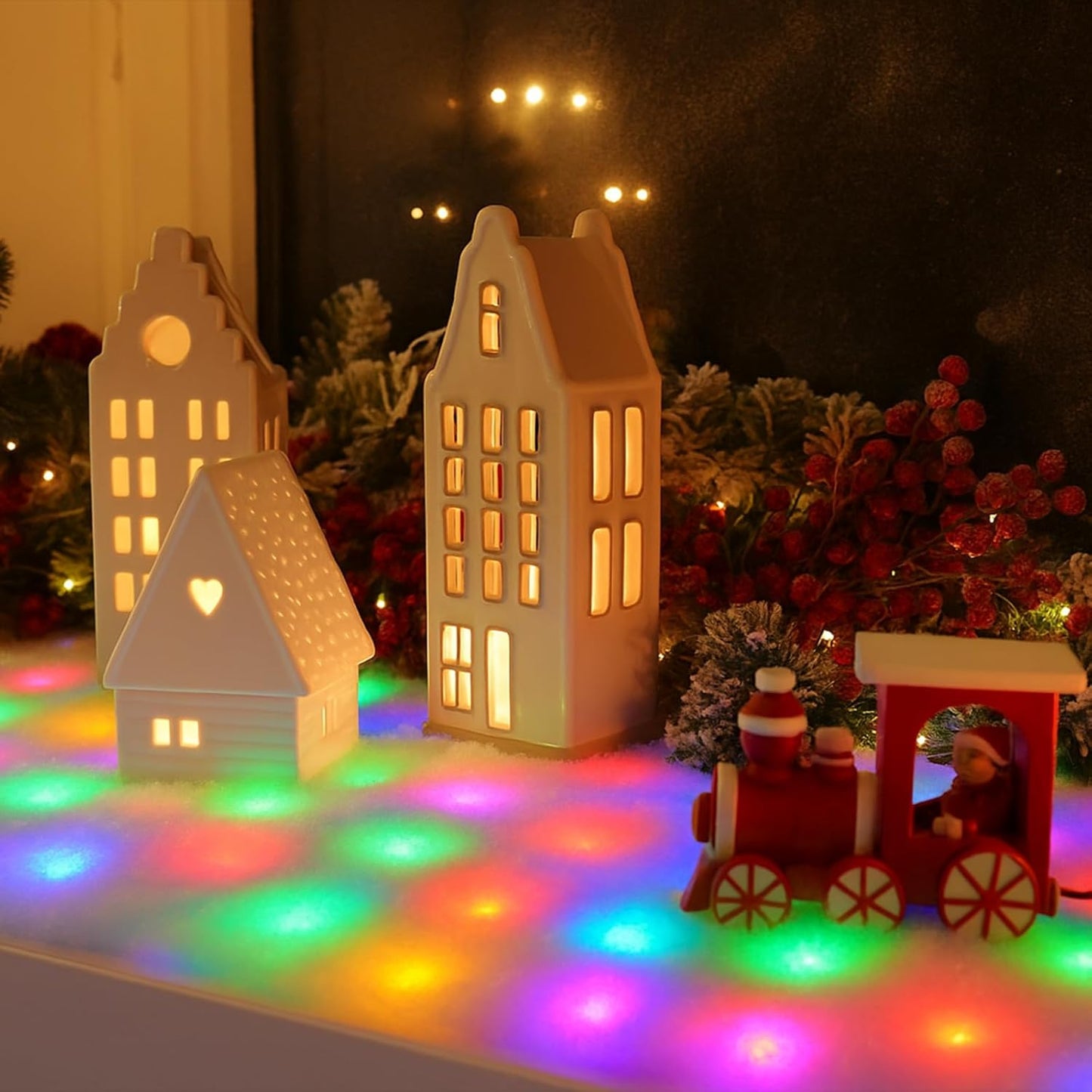 VIHOSE Christmas Snow Blanket with LED Lights String Pre Lit Artificial Fake Snow Blanket Roll Lighted Table Runner for Christmas Tree Village Display Winter Holiday Decor(Colorful Light,59'' X 16'')