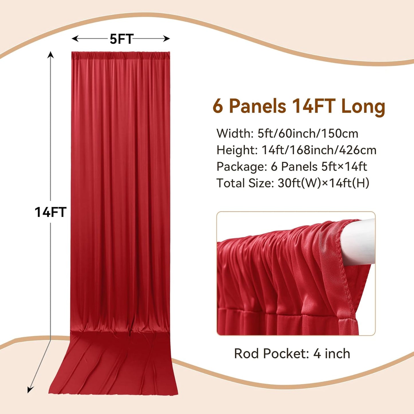 30×14ft Wrinkle Free Red Backdrop Curtain for Wedding Parties,6 Panels 5×14ft Height Soft Silky Polyester Backdrop Drapes Red Photo Back Ddrop Curtains for Event Photography Christmas Background Cloth