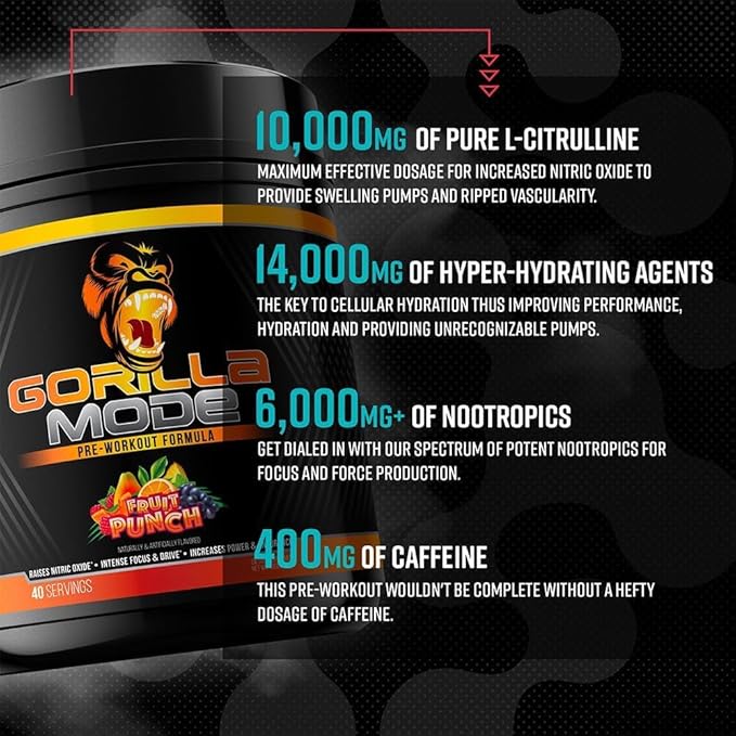 Gorilla Mind Pre Workout - Massive Pumps Laser Focus Energy Power - L-Citrulline, Creatine, L-Tyrosine, Betaine, Hydroprime, Alpha-GPC, 400mg Caffeine, Huperzine A - 784g (Pink Lemonade)