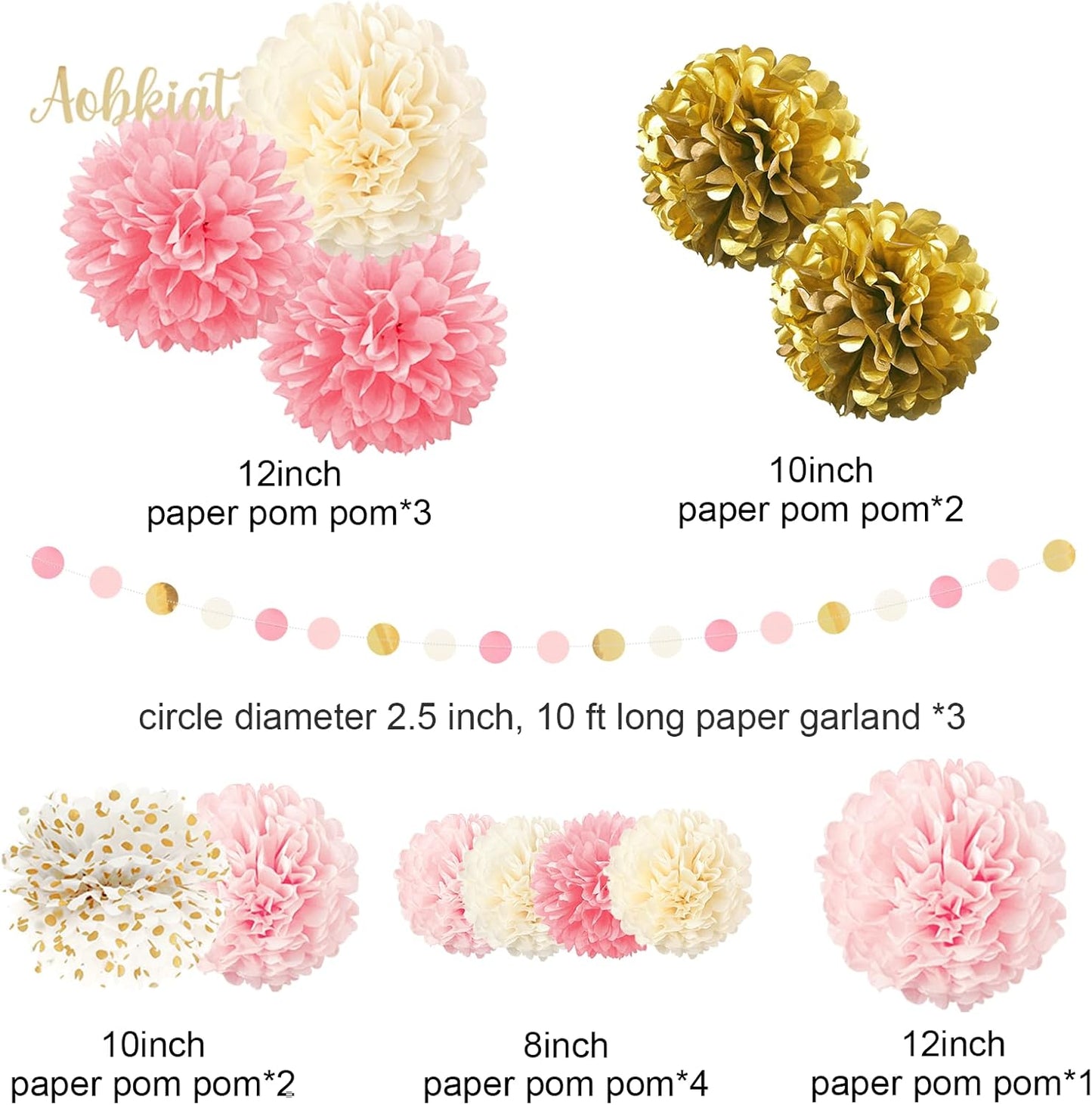 AOBKIAT Wedding Baby Shower Decorations Set,15PCS Pink Gold Tissue Paper Pom Poms,Circle Dots Colorful Paper Garland String Hanging Backdrop for Birthday Party,Gender Reveal Celebration Decor