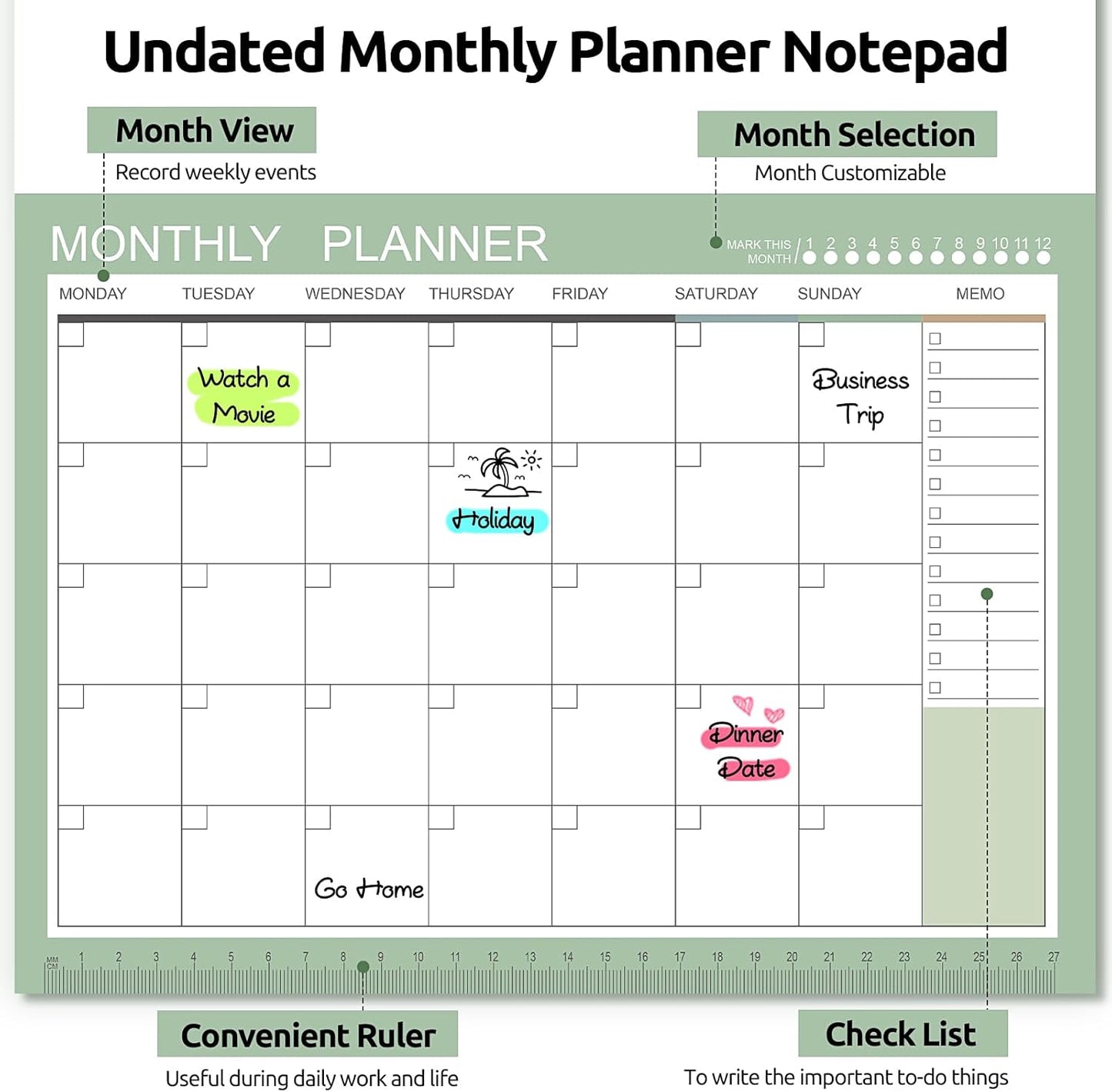 Phyxin Undated Planner, 54 Sheets Blank Calendar, 11.2" x 8.3" Monthly Calendar Planner, Tear Off Undated Monthly Planner with Memo for Women, Students, Teachers, Morandi Green