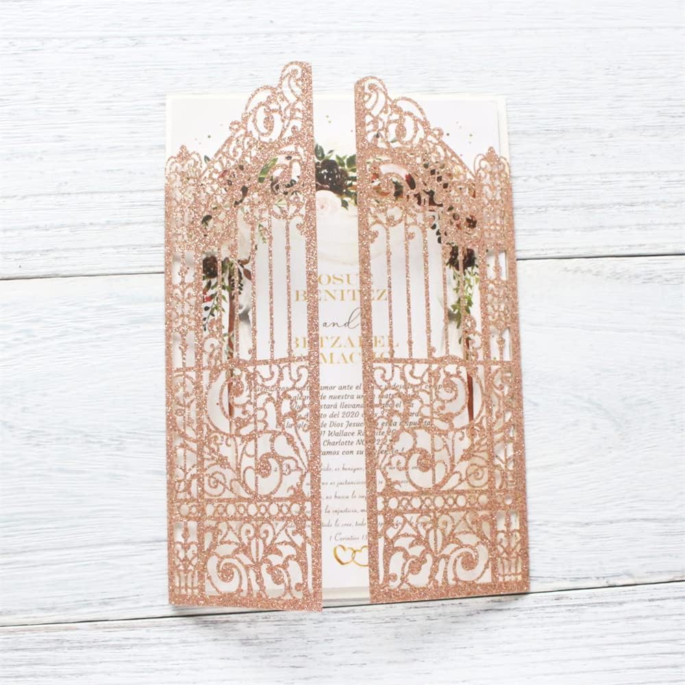 Glittery Hollow Rose Gold Invitations Gate Design For Weddings Engagement Mermaid 25 Sets (rose gold, 4.9"x7.1")