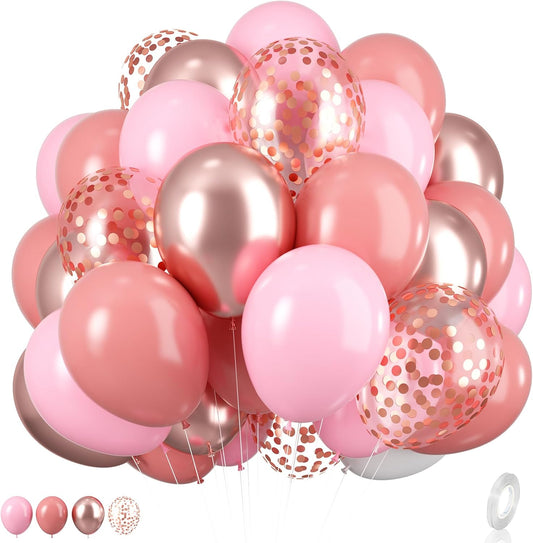 Rose Gold and Pink Balloons, Blush Pink Metallic Rose Gold Balloons Retro Pink Pastel Pink Rose Gold Confetti Balloons For Girls Birthday Party Boho Wedding Anniversary Party Decorations
