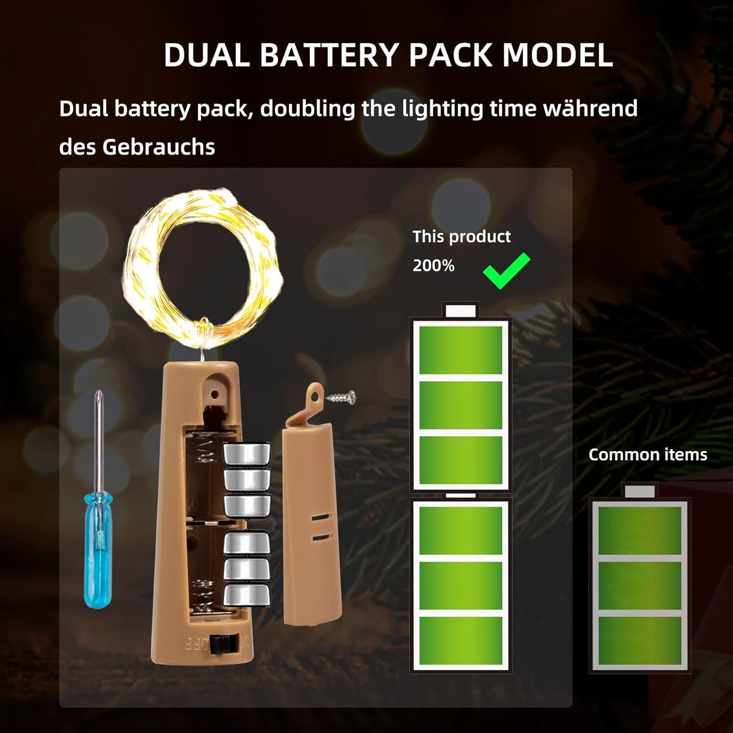 Dual Battery Pack LED Bottle Lights, 6.6ft 20led Double The Lighting Time, for Indoor and Outdoor use, for Christmas,(15 Pack, Warm White（Dual Battery Pack）)