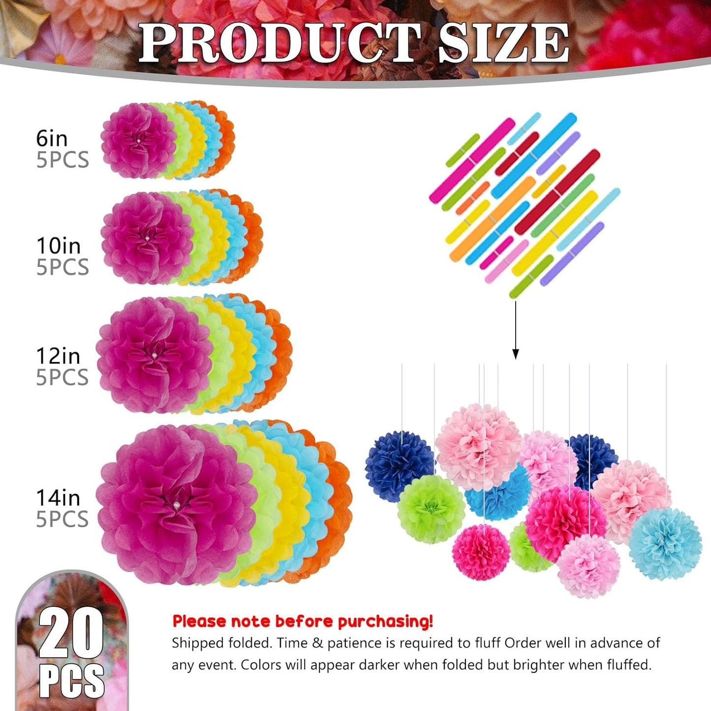 Tissue Paper Pom Poms, Colorful Tissue Paper Flowers, Hanging Flower Balls for Easter Weddings Fiesta Parties Birthday Baby Showers Classroom Decoration (20Piece Set-6/10/12/14Inch)