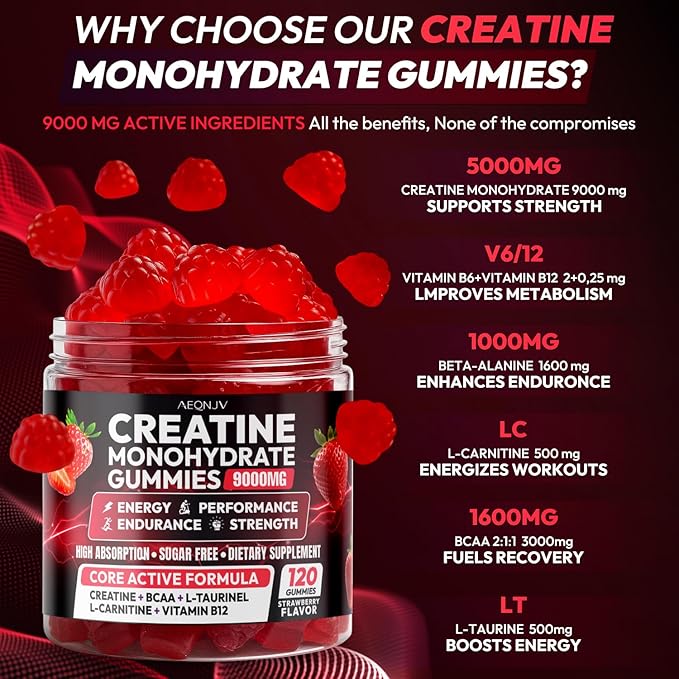 Creatine Gummies Monohydrate Complex 9000MG, Chewable Creatine Monohydrate Gummies for Men & Women with L-Taurine, BCAA 2:1, B12/6, Building Muscle Strength and Boost Focus, 30 Days Supply