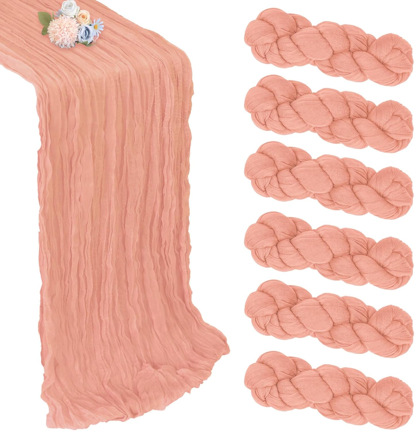 6 Pack Peach Cheesecloth Table Runner 10ft Boho Gauze Fabric Cheese Cloth Table Runner 35 x 120 Inch Rustic Sheer Runner for Romantic Wedding Decor Baby Shower Party Table Centerpiece Decoration