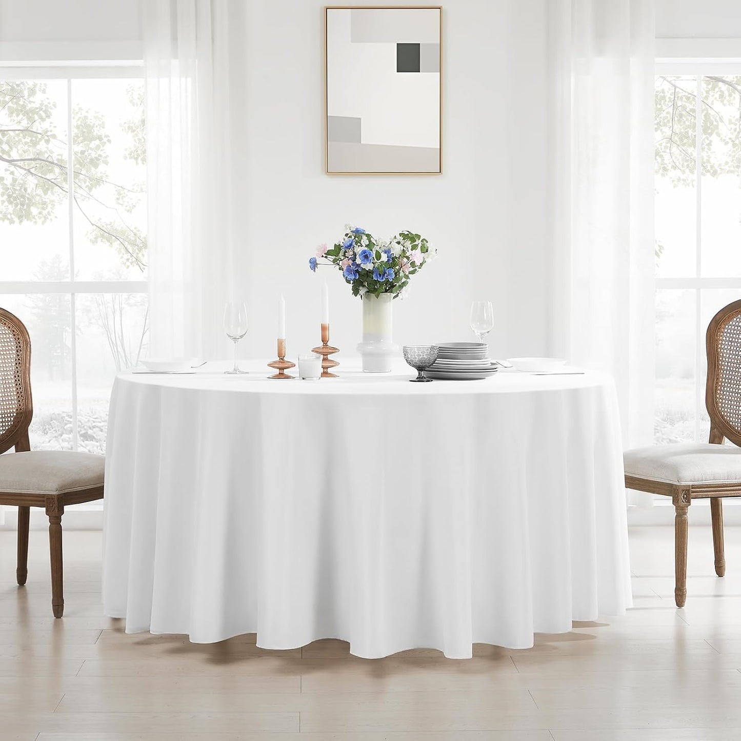 Round Tablecloth 6 Pack 108 Inch White Tablecloths Washable Decorative Linen Polyester Table Clothes Cover for Dining Table Banquets Buffet Parties and Wedding