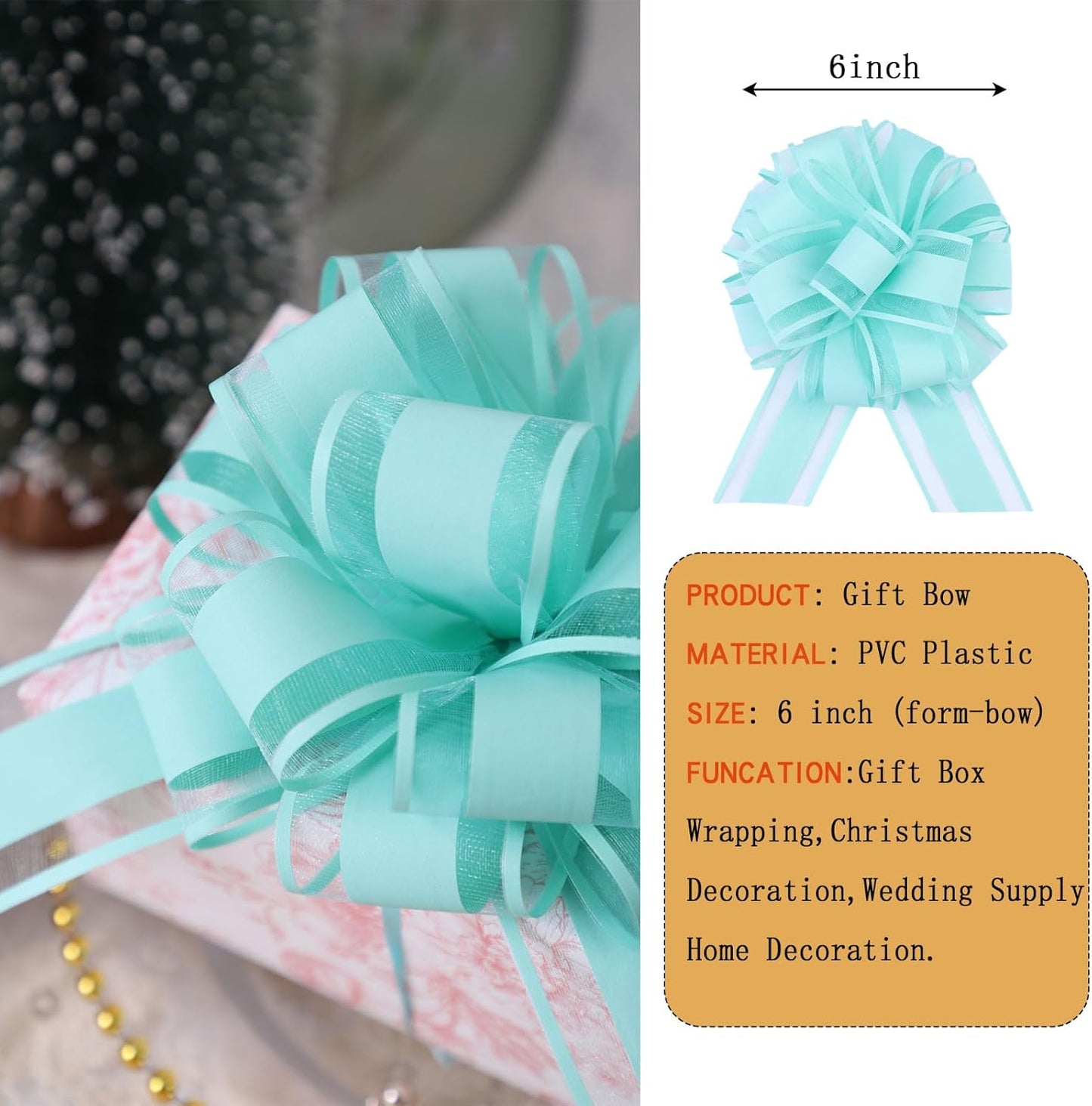 6Pcs 6inch Pull Bow Gift Wrapping,Pull Bow For Gift Basket, Gift Bag Box Wrapping Decor, Valentines Day, Birthday, Anniversary, Wedding, Flower Packaging (Baby Green)