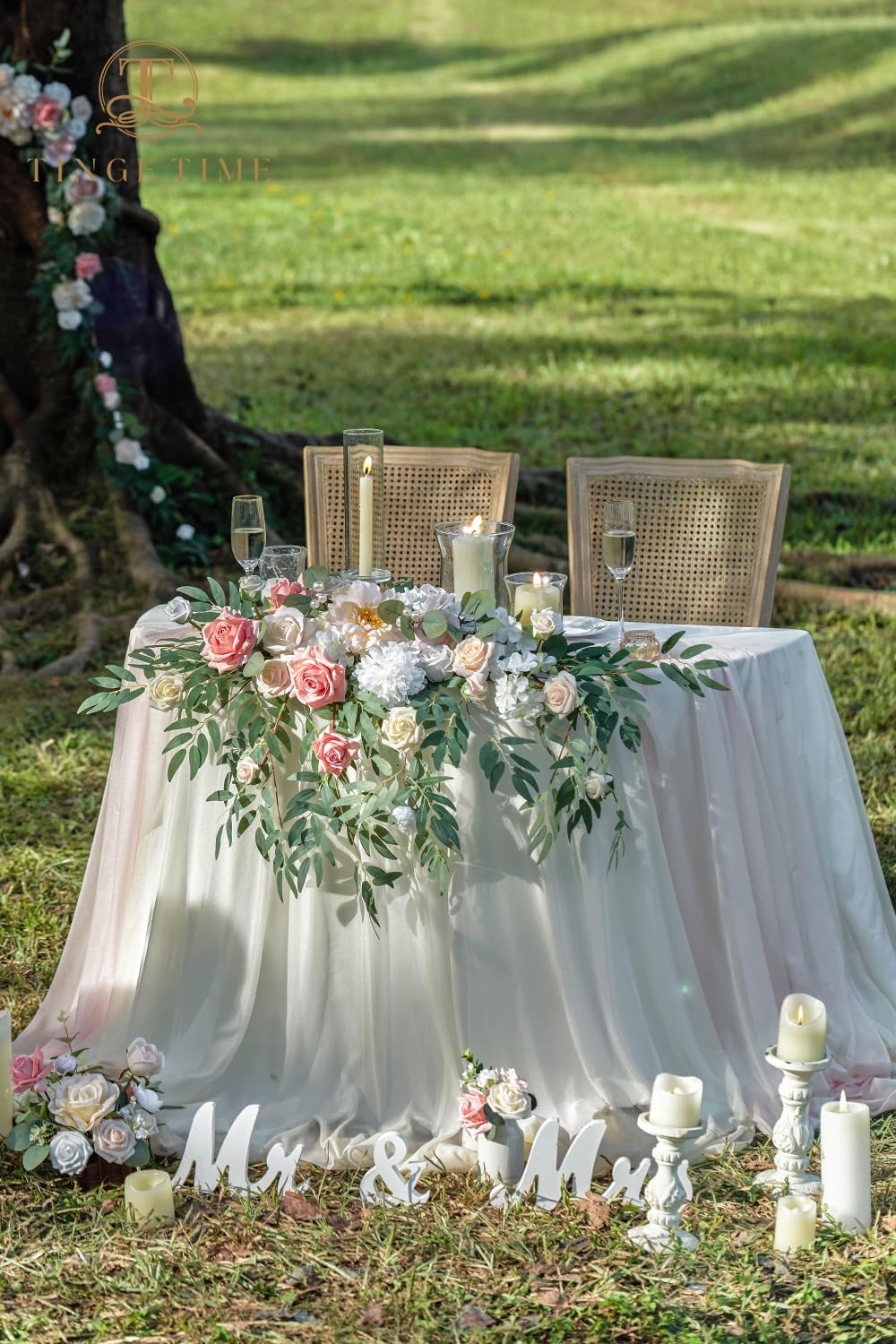 TINGE TIME Artificial Sweetheart Flower Swag with Table Cloth and Table Runner, Pack of 3 Floral Arrangement for Wedding Sweetheart Table Centerpiece Decoration (Dusty Rose & Champange)